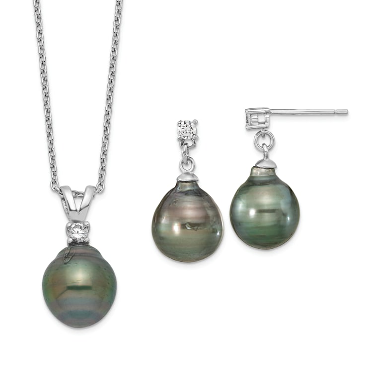 Rhodium Over Sterling Silver Polished Necklace and Earring Set with
Tahitian Pearls and CZ.