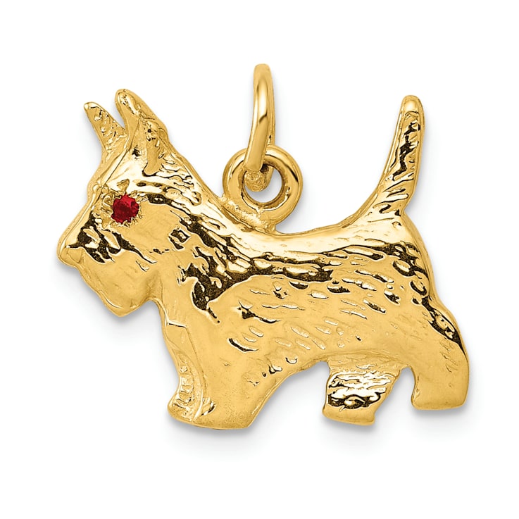 14k Yellow Gold Textured Ruby Eye Scottie Dog Charm
