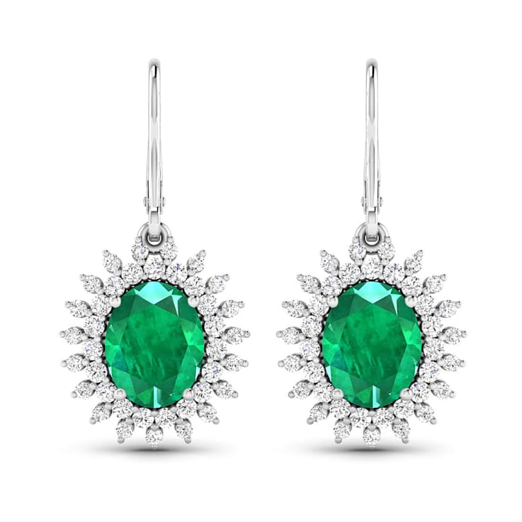 3.06ctw 14K White Gold  Zambian Green Emerald and White Diamond Halo Earrings
