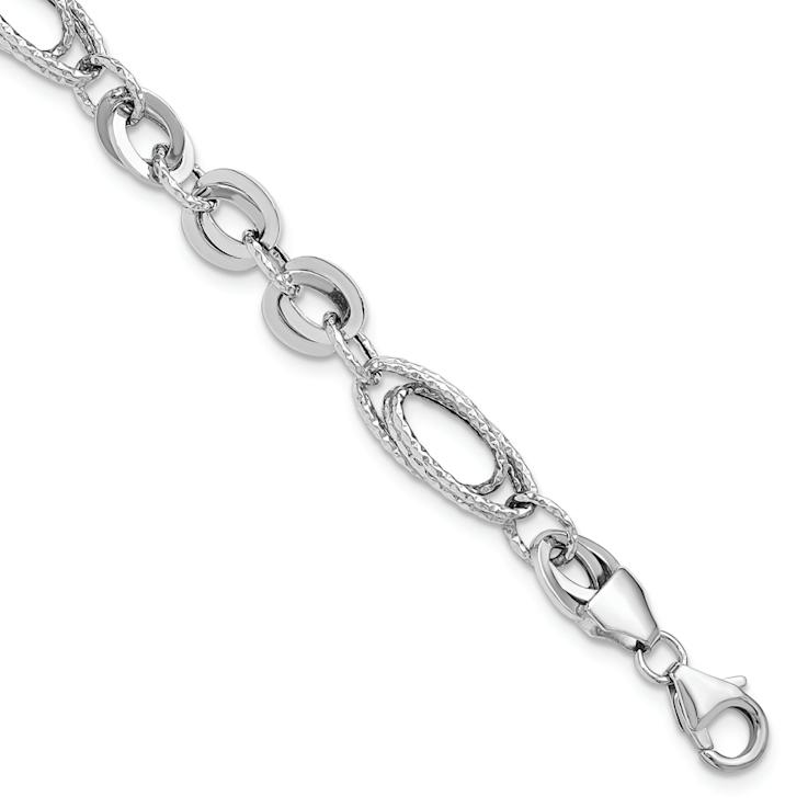 Rhodium Over 14k White Gold 8mm Polished and Textured Oval Fancy Link Bracelet