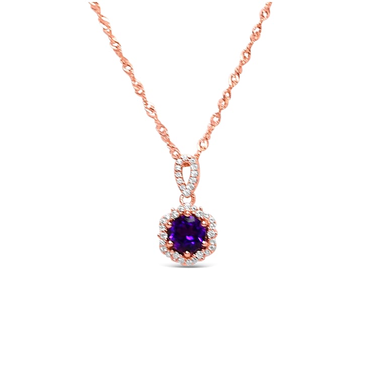 18K Rose Gold Over Sterling Silver 6.5mm Round Amethyst and White Zircon
Pendant 1.15ctw