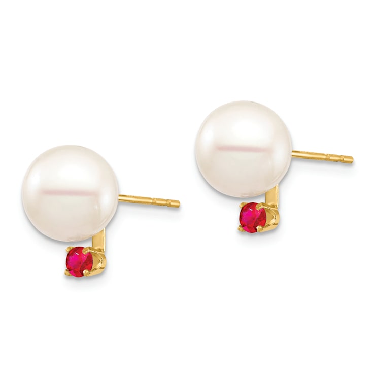 14K Yellow Gold 8-8.5mm White Round Freshwater Cultured Pearl Ruby Post Earrings
