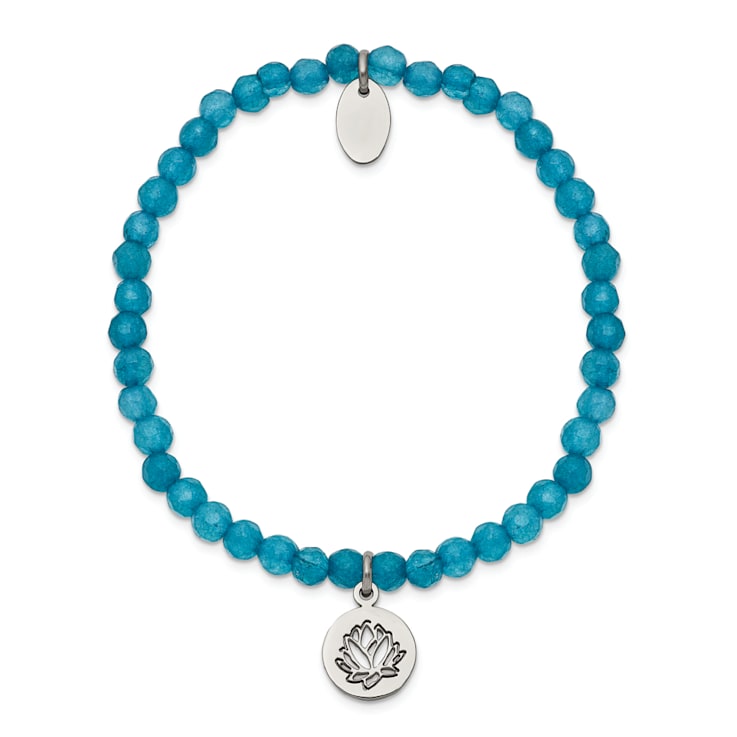 Stainless Steel Polished Lotus Blue Jade Beaded Stretch Bracelet