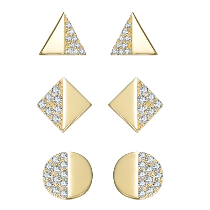 Pave CZ Stud Earrings Three-Piece Set In 14K Gold Over Sterling Silver