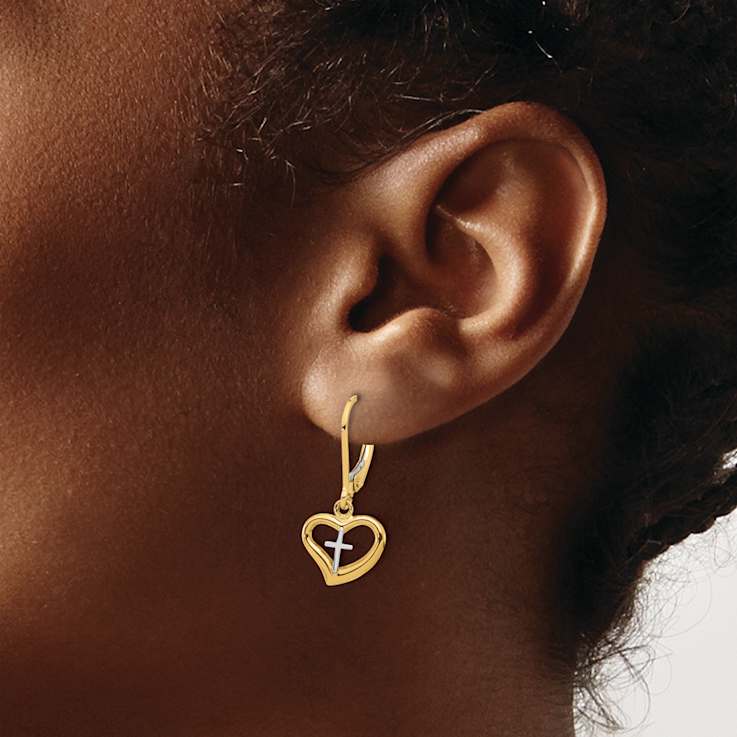 14k Yellow Gold and 14k White Gold Polished Cross in Heart Dangle Earrings