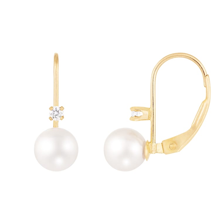 14k Yellow Gold Leverback Earring with 6mm Freshwater Pearl and .06CT DTW
