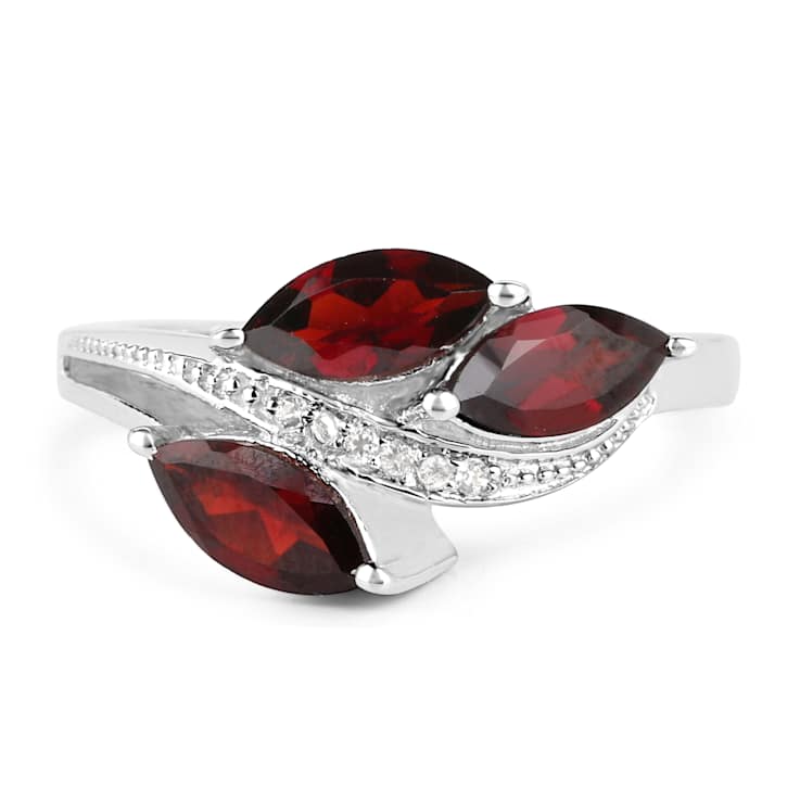 Red Garnet and White Topaz Rhodium Over Sterling Silver Leaf Ring
