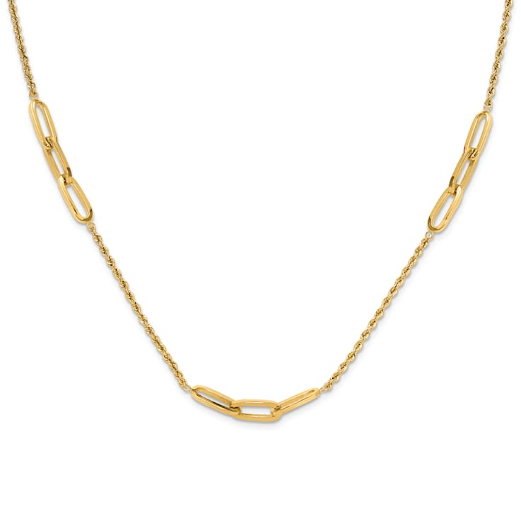 14K Yellow Gold Polished and Diamond-cut Fancy Link Rope Necklace