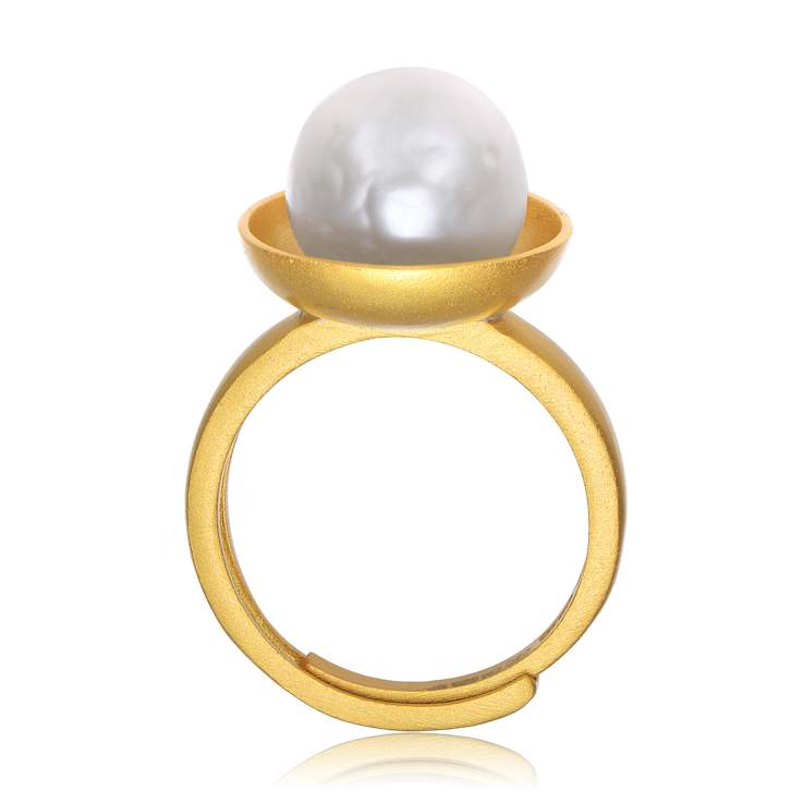 Pear Shape Freshwater Pearl Adjustable Ring In 14K Gold Over Sterling Silver