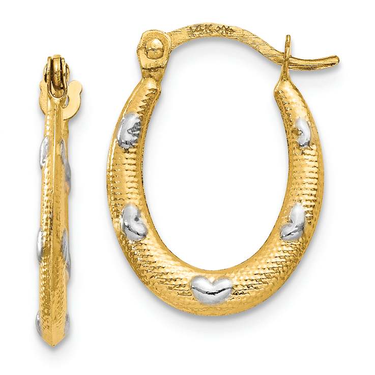 14k Two-tone 11/16" Textured Oval with Hearts Hoop Earrings