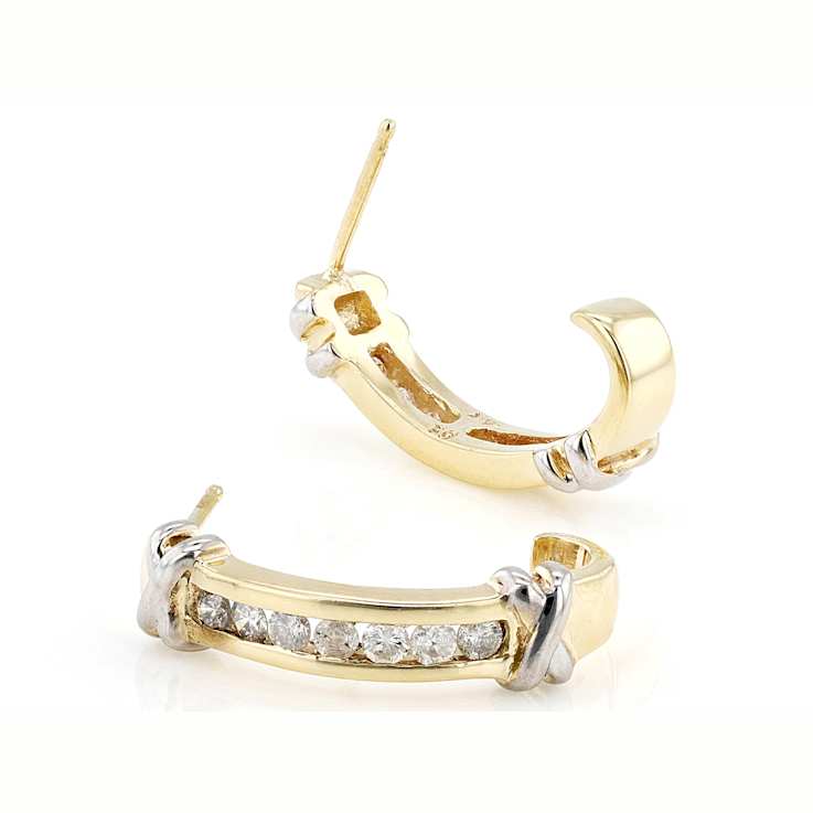 Two-Tone Diamond J-Hoop Earrings In 14K Gold