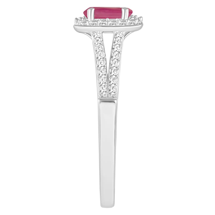 6x4mm Oval Ruby 1/4 ctw Diamond Rhodium Over Sterling Silver Halo Ring