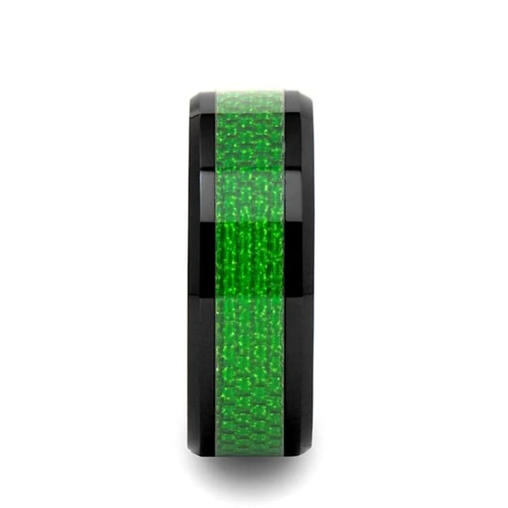 MATLAL Beveled Black Ceramic Ring with Emerald Green Carbon Fiber Inlay 8mm