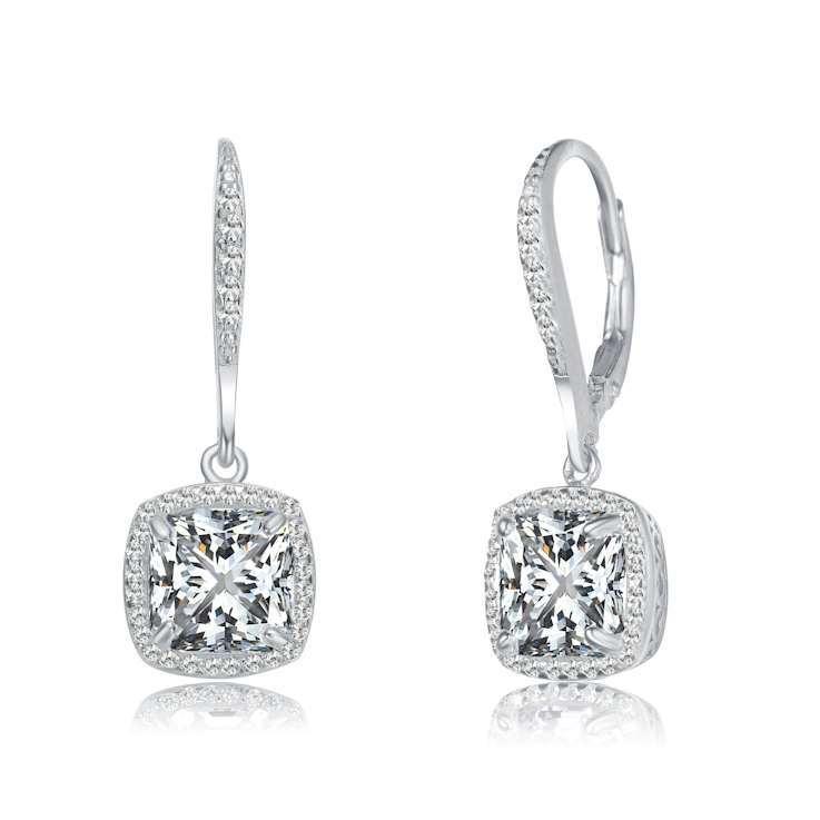 CZ Halo Square Drop Earrings In Sterling Silver