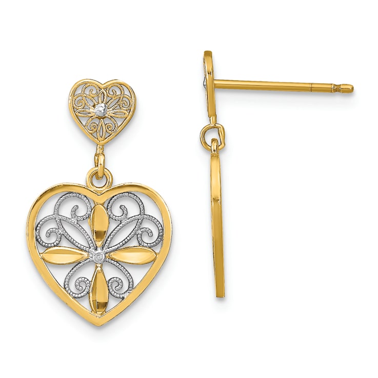 14K Two-tone Gold Flower and Heart Beaded Filigree Dangle Earrings