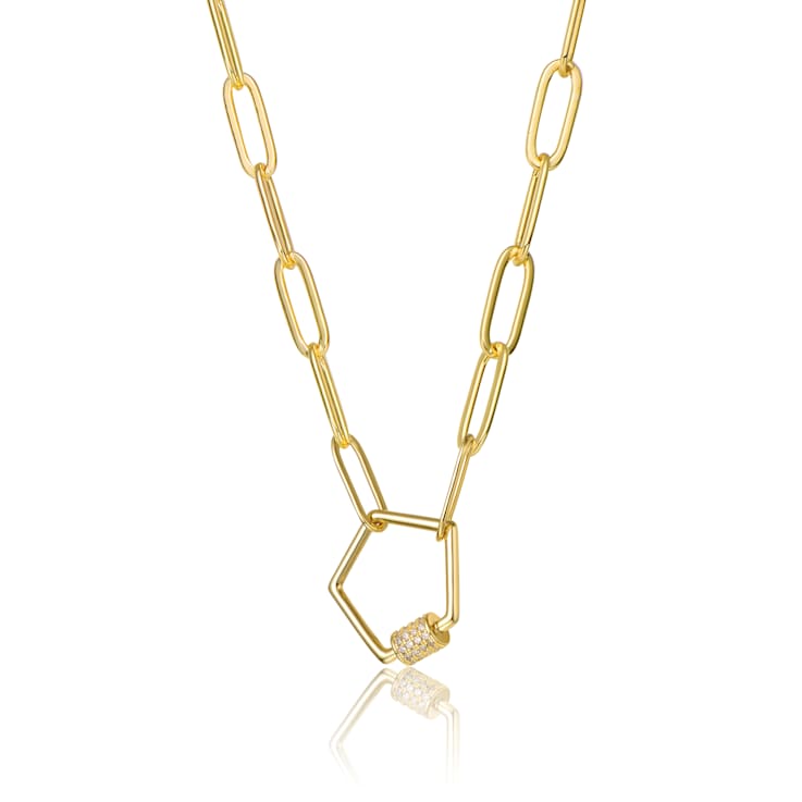 Pave CZ Pentagon Charm Station Necklace In 14K Gold Over Brass