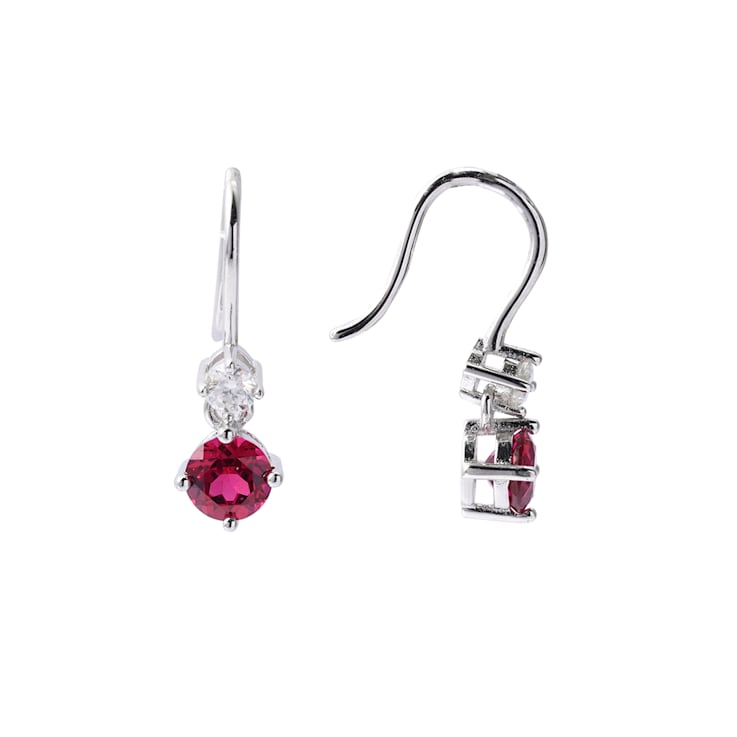 Red Lab Created Ruby With Moissanite Accents Rhodium Over Silver Dangle Earrings