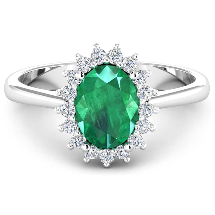 1.75ctw Green Emerald and Diamond 14K White Gold Halo Ring