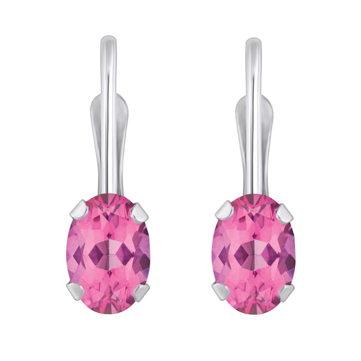 6x4mm Oval Pink Topaz Rhodium Over 10k White Gold Drop Earrings
