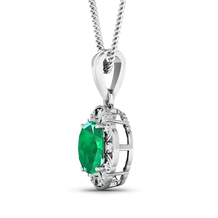 2.07ctw 14K White Gold Zambian Emerald and White Diamond Pendant with 18
inch Cable Chain