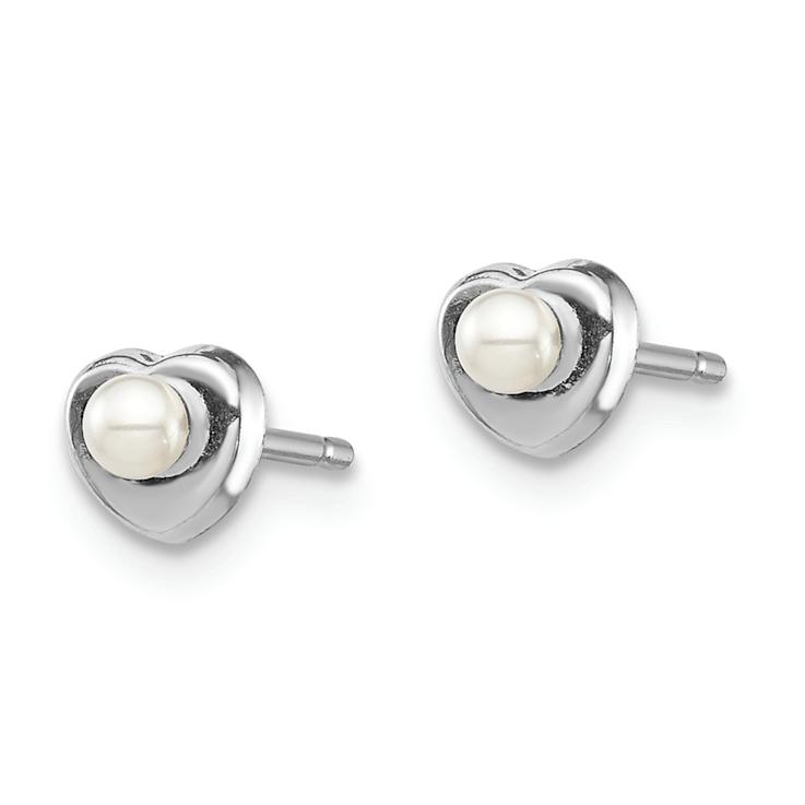 Rhodium Over 14k White Gold Children's White Button Freshwater Cultured
Pearl Heart Stud Earrings