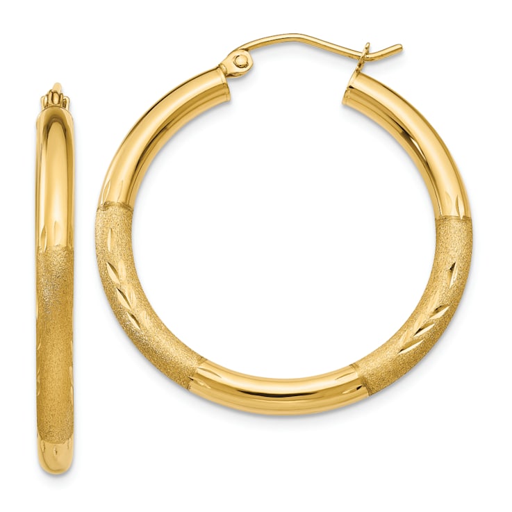 14k Yellow Gold Satin and Diamond-Cut 1 3/16" Round Hoop Earrings