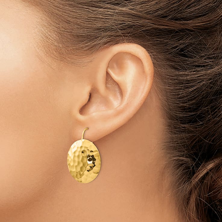 14k Yellow Gold Hammered Circle Dangle Earrings