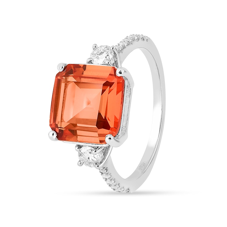 Peach Orange Lab Created Padparadscha Sapphire Rhodium Over Sterling
Silver Three Stone Octagon Ring