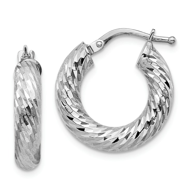 Rhodium Over 14k White Gold Diamond-cut 3/4" Round Hoop Earrings