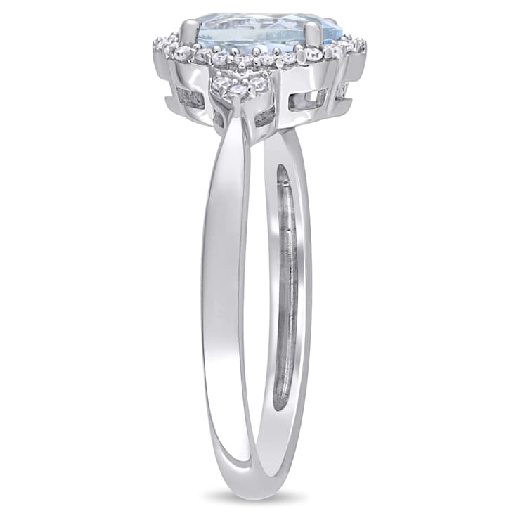 Aquamarine and Diamond 10K White Gold Halo Ring 1.13ctw