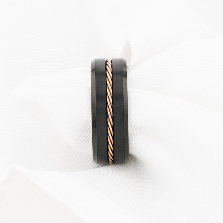 ADELARD Rose Gold Braided Brushed Center Black Tungsten Wedding Band
With Polished Beveled Edges 8mm