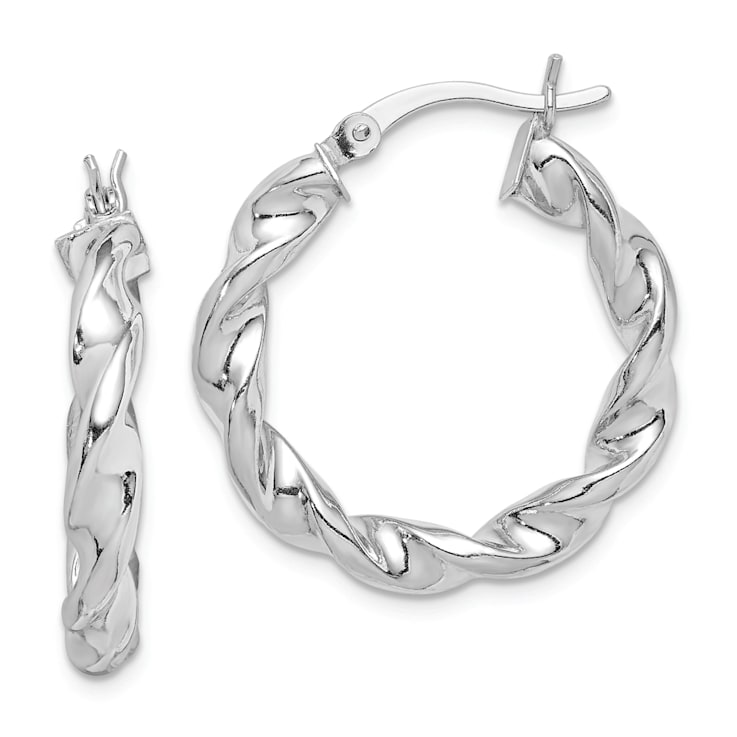 Rhodium Over Sterling Silver Twisted 3.5x25mm Hoop Earrings