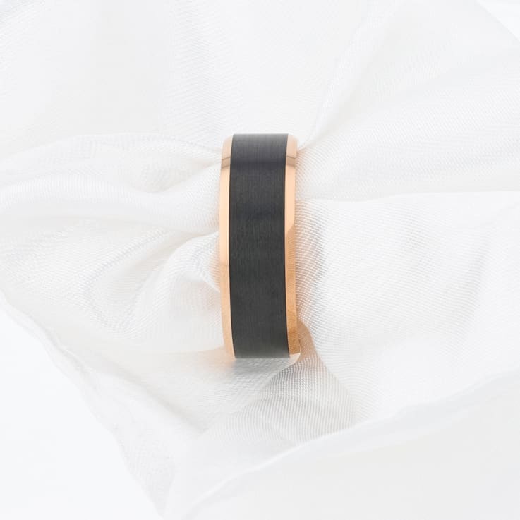HAYDEN Rose Gold Plated Tungsten Polished Beveled Ring with Brushed
Black Center 8mm