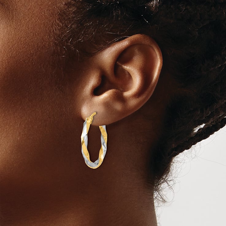 14k Yellow Gold and Rhodium Over 14k Yellow Gold Polished Diamond-Cut 1
1/16" Twisted Hoop Earrings