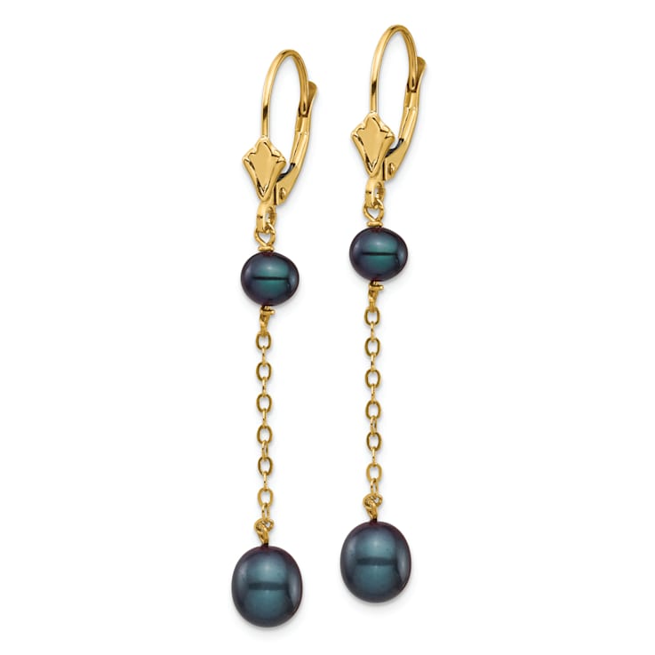 14K Yellow Gold 5-7mm Black Rice Freshwater Cultured Pearl Leverback Earrings