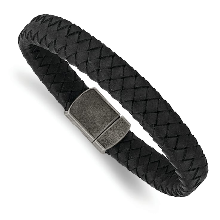 Black Leather and Stainless Steel Antiqued 8.25-inch Bracelet