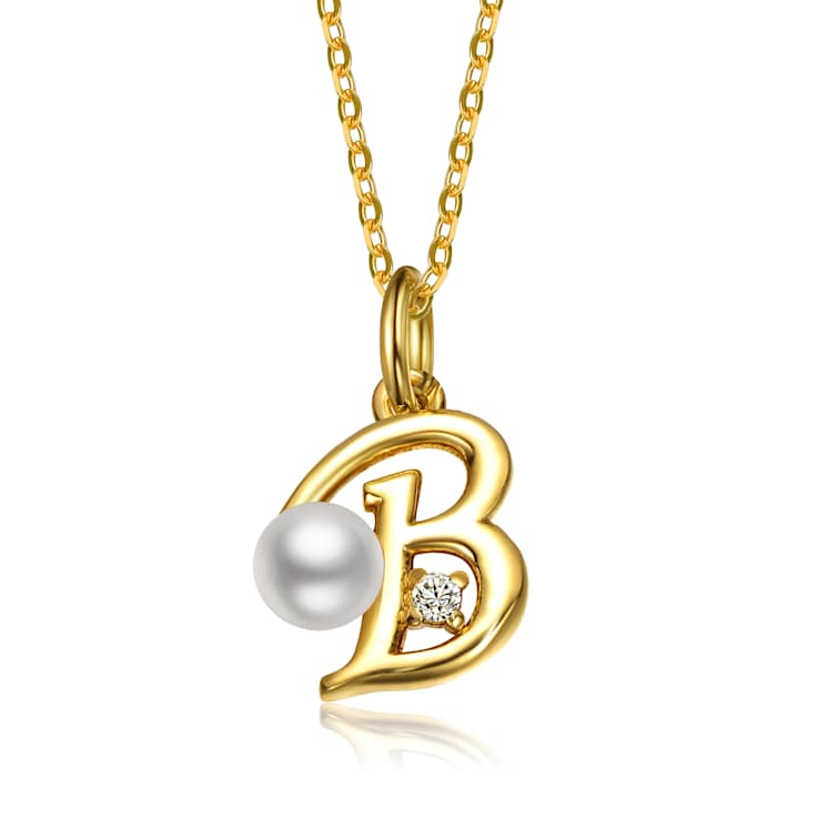Initial B Pear Shape CZ And Pearl Pendant Necklace In 14K Gold Over Brass