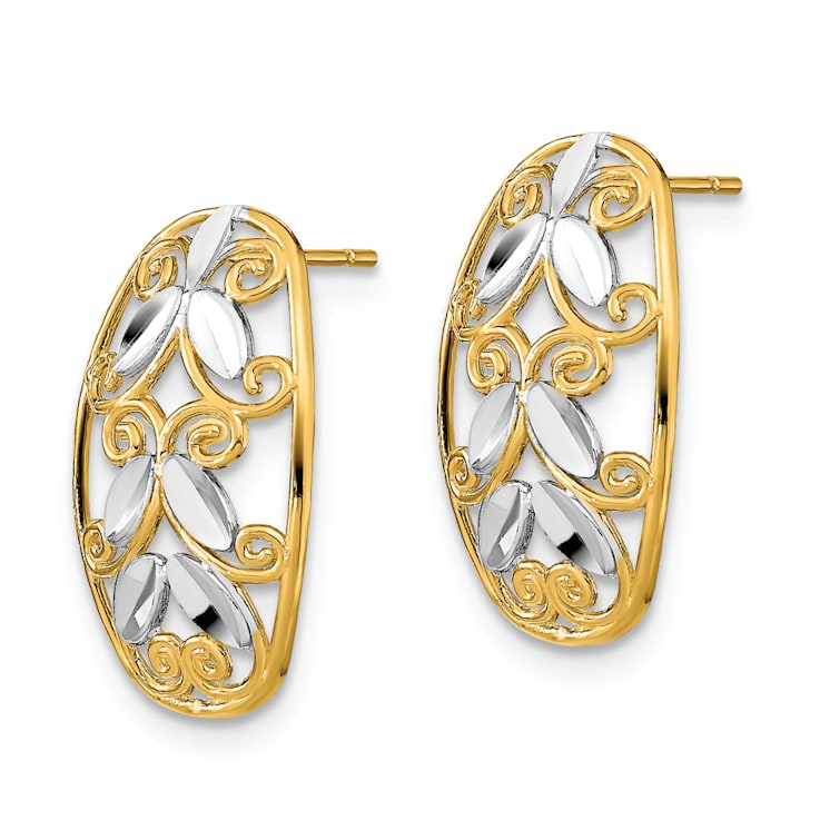 14k Yellow Gold and Rhodium Over 14k Yellow Gold Oval Diamond-cut
Filigree Dangle Earrings
