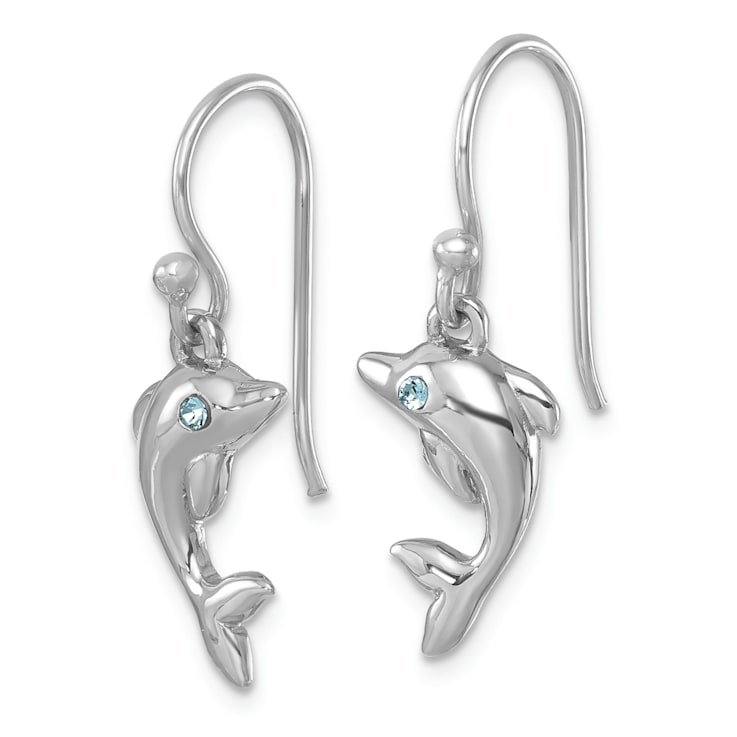 Rhodium Over Sterling Silver Polished Crystal Dolphin Dangle Earrings