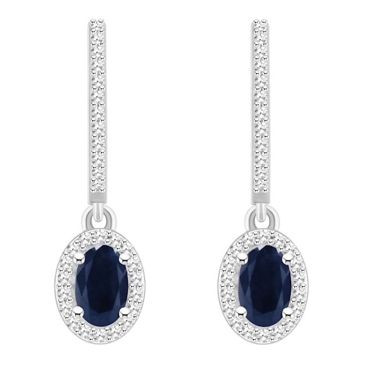 6x4mm Oval Sapphire 1/3 ctw Diamond Rhodium Over Sterling Silver Halo
Dangle Earrings