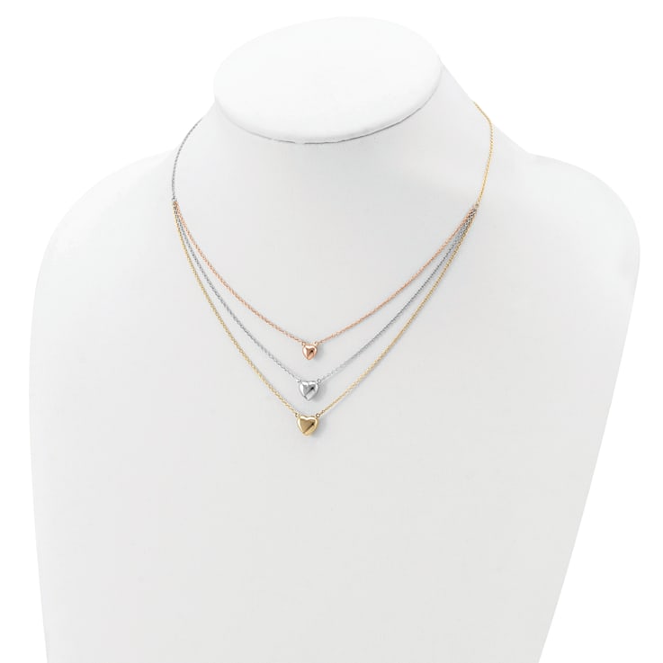 14K Tri-color Three Heart with 1-inch Extension Necklace