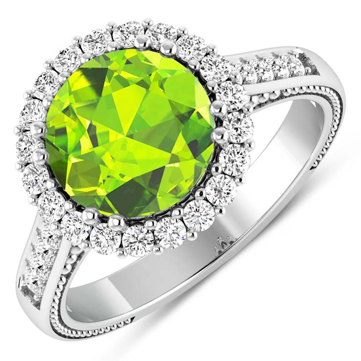 Round Green Peridot and Diamond 14K White Gold Halo Ring 3.14 ctw