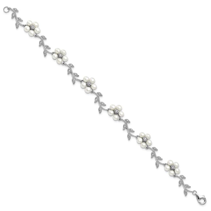 Rhodium Over Sterling Silver Freshwater Cultured Pearl and Cubic
Zirconia Floral Bracelet