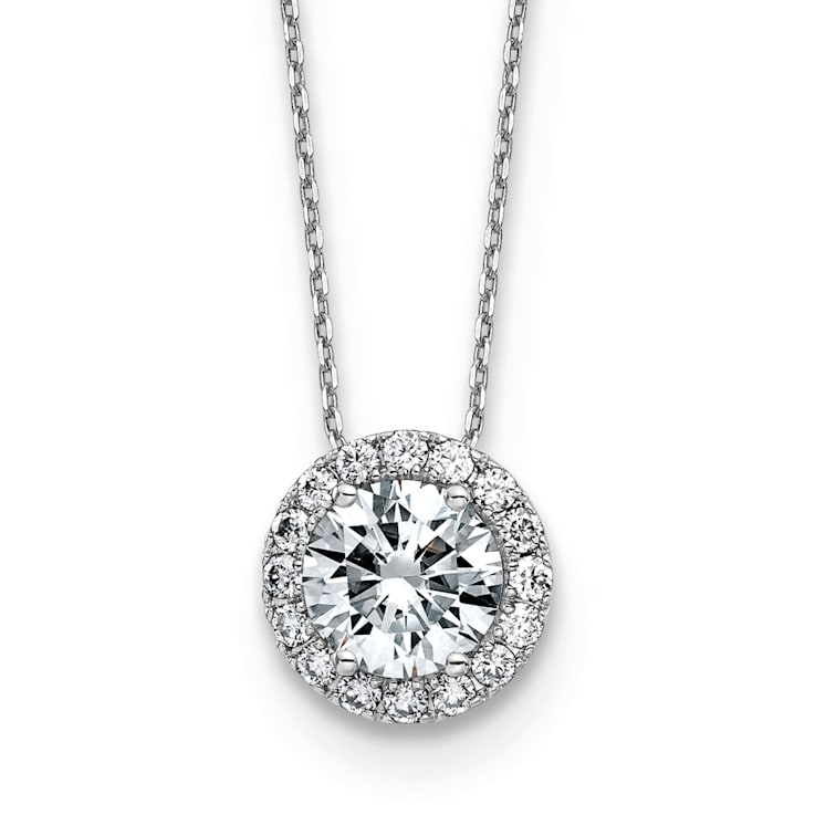 Rhodium Over 14k White Gold Round Halo D E F Pure Light Moissanite
Pendant with Chain