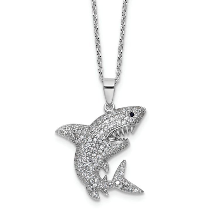 Rhodium Over Sterling Silver Lab Created Black Spinel Cubic Zirconia Shark