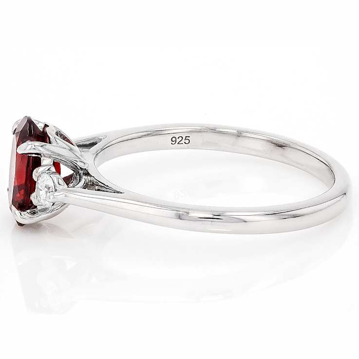 Red Garnet And Lab-Grown Diamond Three-Stone Ring In Sterling Silver