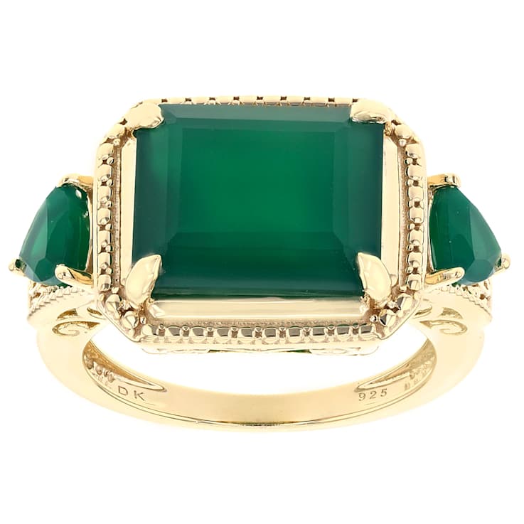 Green Onyx 3-Stone Ring In 18K Gold Over Sterling Silver 5.06ctw