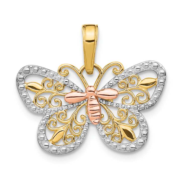 14k Tri-color Gold Diamond-Cut Butterfly Pendant