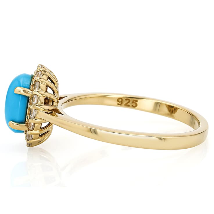 Turquoise Oval Halo Ring In 18K Gold Over Sterling Silver 0.30ctw