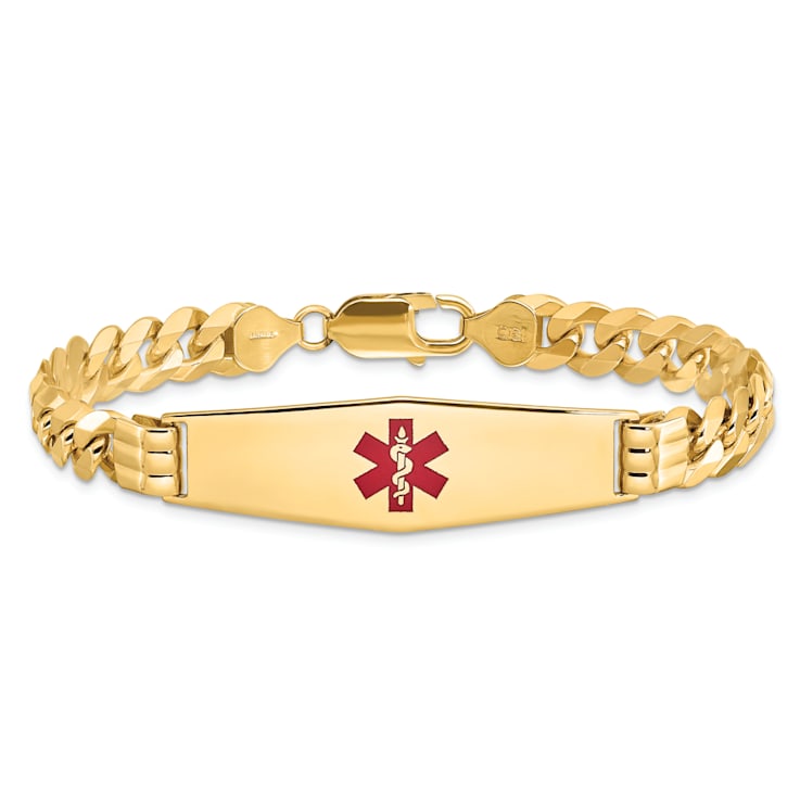14k Yellow Gold Medical Soft Diamond Shape Red Enamel Flat Curb Link ID Bracelet